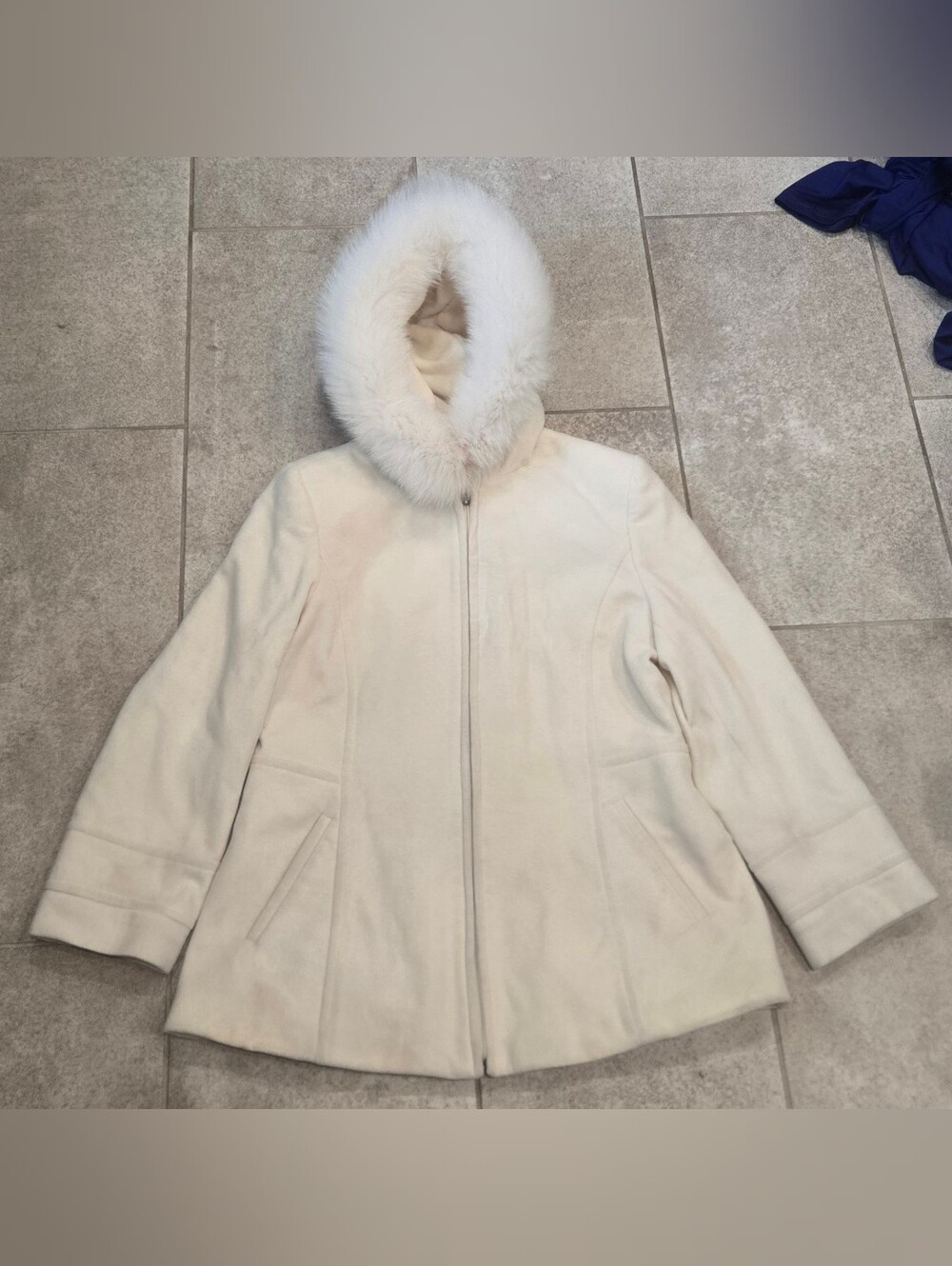 Sachi Collection Ivory Virgin Wool Cashmere Coat Real Fox Fur Trim Hood L